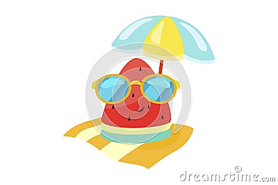 Funny sunglasses watermelon under a beach umbrella and on a towel Vector Illustration